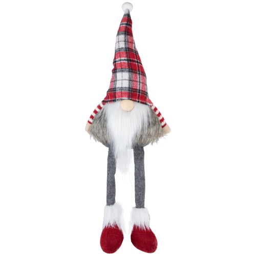 Plaid Gnome with Dangling Legs Christmas Figure - 20.5" - Red, Gray and White
