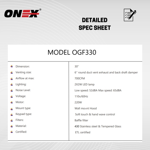 Hotte de cuisine murale ONEX® 30" 800 CFM en acier inoxydable avec verre trempé #OGF330