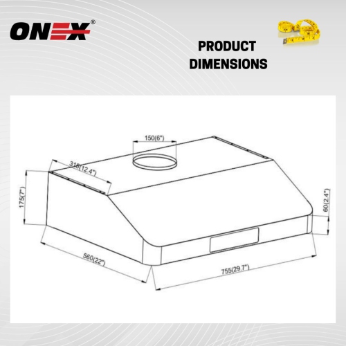 ONEX® OHF90R-BL Stainless Steel Under Cabinet 30 inch Range Hood.
