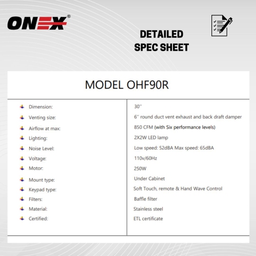 ONEX® OHF90R-BL Stainless Steel Under Cabinet 30 inch Range Hood.