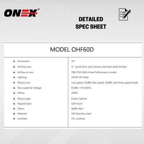 ONEX® 30" 700 CFM Hotte de cuisinière sous armoire en acier inoxydable #OHF60D