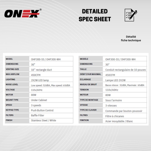 ONEX® 30" 450 CFM Hotte de cuisine sous armoire avec conduit en blanc #OHF300WH