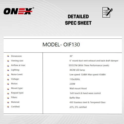 ONEX® OIF130 Stainless Steel Wall Mount 30 inch Range Hood.