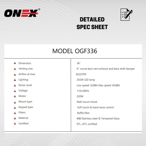 ONEX® OGF336 Stainless Steel Wall Mount 36 inch Range Hood.