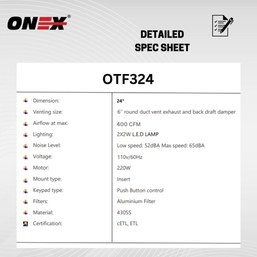 ONEX® OTF324 Stainless Steel Under Cabinet 24 inch Range Hood.