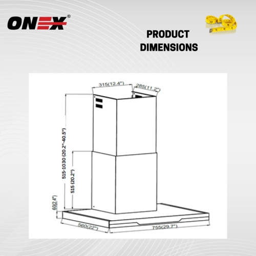 ONEX® OWF636 Stainless Steel Wall Mount 36 inch Range Hood.
