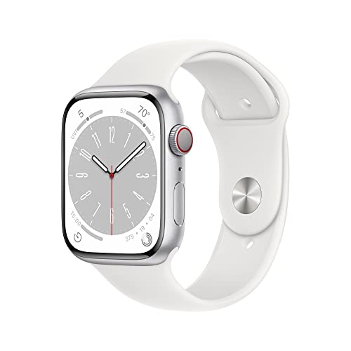Apple Watch Series 8 [GPS + Cellular 45mm] Smart Watch w/ Silver Aluminum Case with White Sport Band - M/L