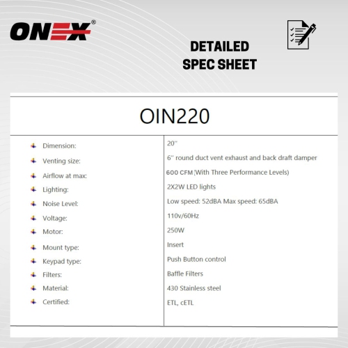 ONEX® OIN220 Stainless Steel Under Cabinet 20 inch Range Hood.