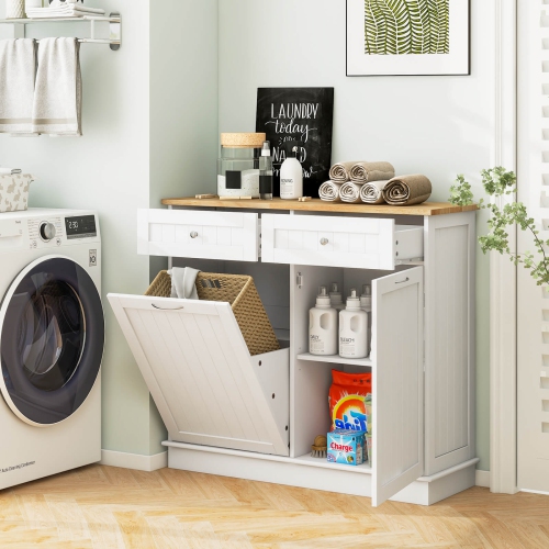 Costway Wooden Kitchen Trash Cabinet Tilt Out Bin Holder w/ Drawer & Storage Shelf