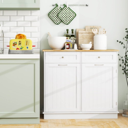 Costway Wooden Kitchen Trash Cabinet Tilt Out Bin Holder w/ Drawer & Storage Shelf