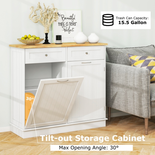 Costway Wooden Kitchen Trash Cabinet Tilt Out Bin Holder w/ Drawer & Storage Shelf