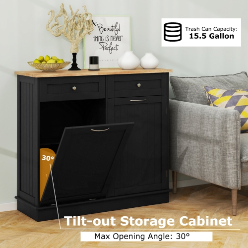 Costway Wooden Kitchen Trash Cabinet Tilt Out Bin Holder w/ Drawer & Storage Shelf
