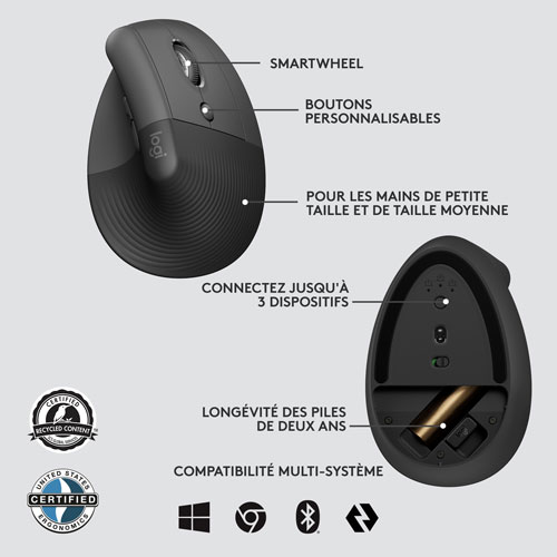 Souris Bluetooth verticale ergonomique Lift de Logitech - Graphite