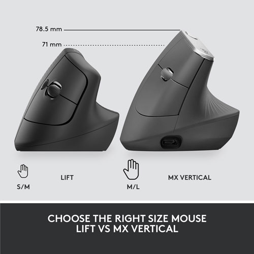 Souris Bluetooth verticale ergonomique Lift de Logitech - Graphite