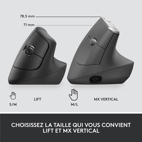Souris Bluetooth verticale ergonomique Lift de Logitech - Graphite