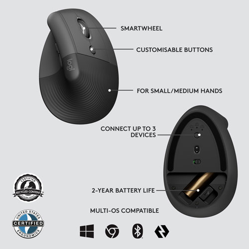 Souris Bluetooth verticale ergonomique Lift de Logitech - Graphite
