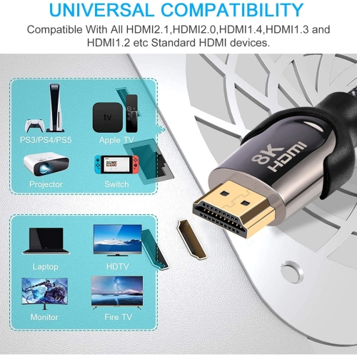 NIERBO 16.4FT/5M 8K HDMI 2.1 Cable, 48Gbps Ultra HD Lead High-Speed Cord, Supports 8K@60Hz, 4K@120Hz, eARC HDR10, HDCP 2.2/2.3 Dolby, 3D, VRR