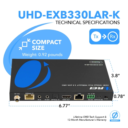 4K HDBaseT HDMI Extender Over CAT6/7 up to 330 Feet, Bi-directional IR, ARC, PoC, RS-232