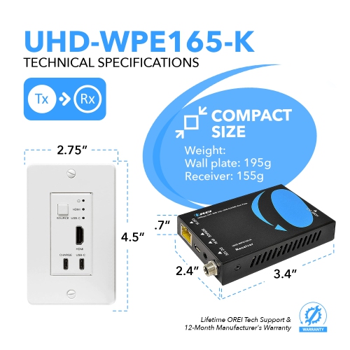 4K HDMI/USB-C Extender Over Single CAT6/7 with 4K@60Hz Wall Plate Transmitter, HDR & IR Control Upto 165ft