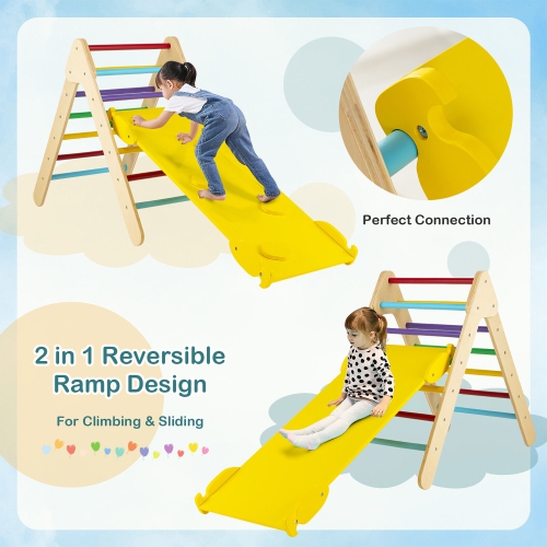 Gymax 3-in-1 Wooden Climbing Triangle Set Triangle Climber w/ Ramp