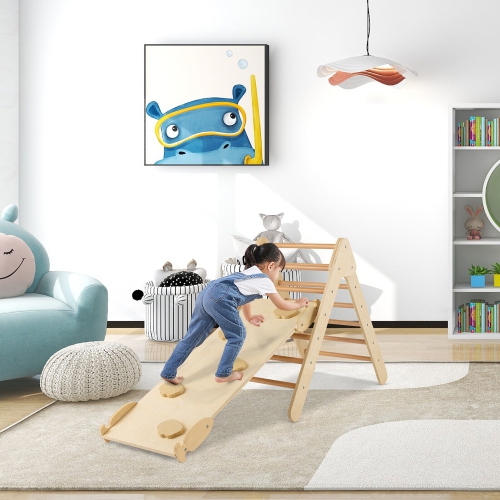 Gymax 3-in-1 Wooden Climbing Triangle Set Triangle Climber w/ Ramp