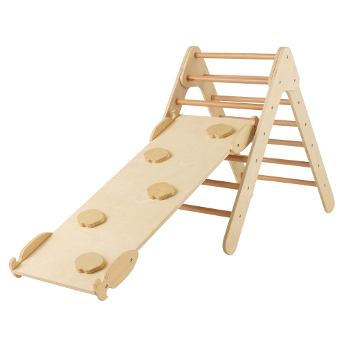 Gymax 3-in-1 Wooden Climbing Triangle Set Triangle Climber w/ Ramp