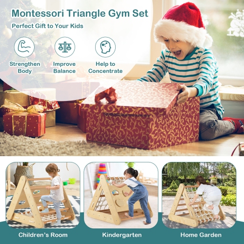 Gymax 4 in 1 Wooden Climbing Triangle Set Triangle Climber w/ Ramp