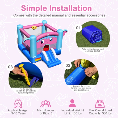 Gymax Inflatable Bounce House 3-in-1 Elephant Theme Inflatable Castle w/ 750W Blower