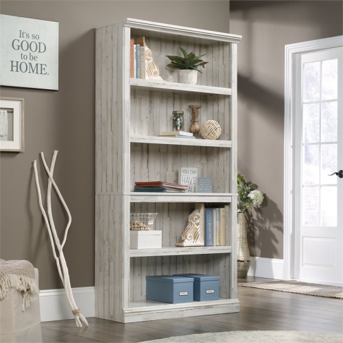 Pemberly Row Contemporary 5-Shelf Tall Wood Bookcase in White Plank