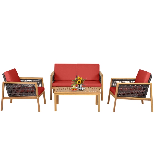 Patiojoy 4-Piece Patio Acacia Wood Furniture Set Outdoor PE Rattan Conversation Set with Removable Cushions