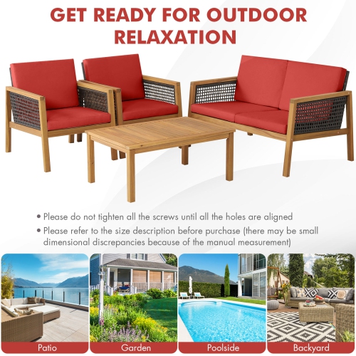 Patiojoy 4-Piece Patio Acacia Wood Furniture Set Outdoor PE Rattan Conversation Set with Removable Cushions