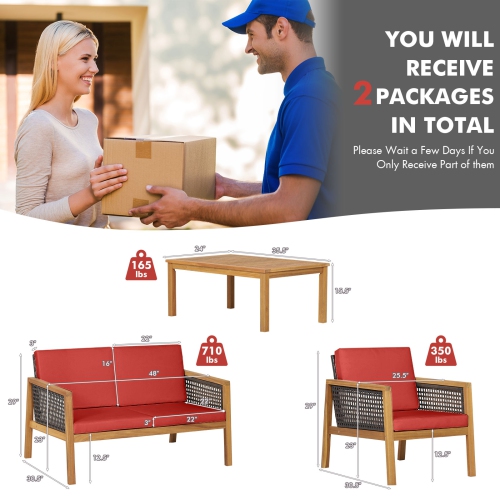 Patiojoy 4-Piece Patio Acacia Wood Furniture Set Outdoor PE Rattan Conversation Set with Removable Cushions