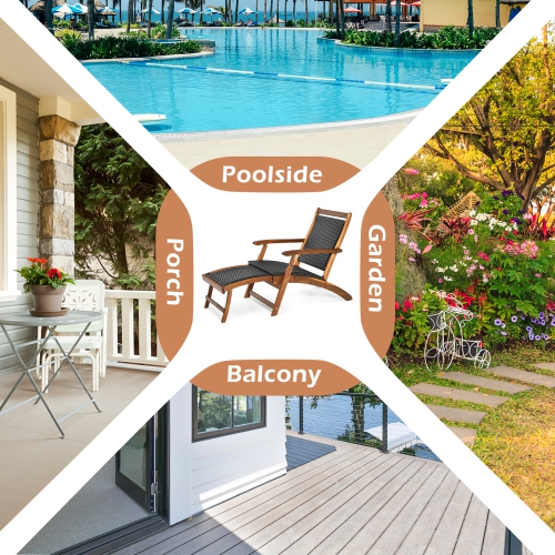 Patiojoy 1/2 pcs Patio Folding Rattan Chaise Lounge Chair Acacia Wooden Frame W/ Retractable Footrest for Poolside&Patio