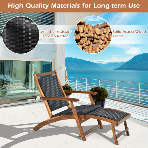 Patiojoy 1/2 pcs Patio Folding Rattan Chaise Lounge Chair Acacia Wooden Frame W/ Retractable Footrest for Poolside&Patio