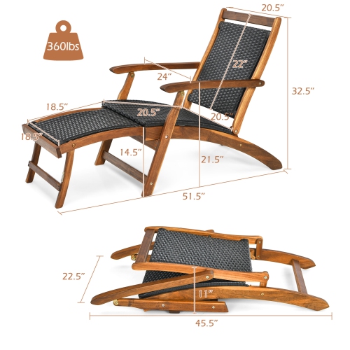 Patiojoy 1/2 pcs Patio Folding Rattan Chaise Lounge Chair Acacia Wooden Frame W/ Retractable Footrest for Poolside&Patio