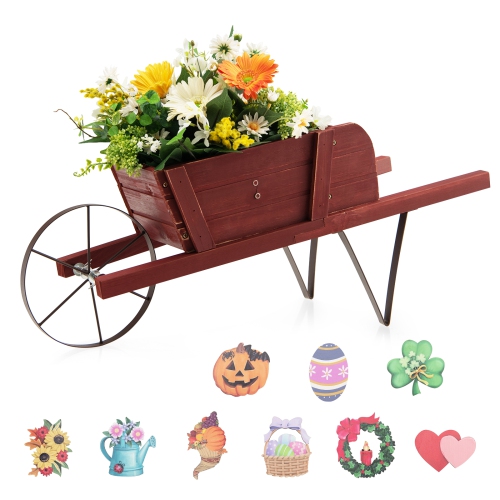 Topbuy Flower Pot Wheelbarrow Planter Solid Pine Wood Wagon Planter w/ Triangular Metal Support 2 Energy-saving Handles Movable Whee Walnut/Red