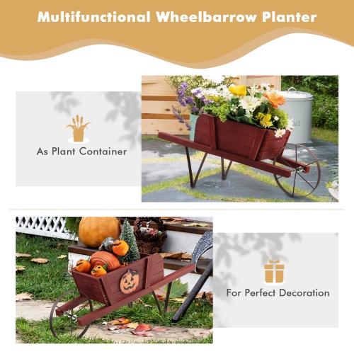 Topbuy Flower Pot Wheelbarrow Planter Solid Pine Wood Wagon Planter w/ Triangular Metal Support 2 Energy-saving Handles Movable Whee Walnut/Red