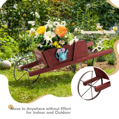 Topbuy Flower Pot Wheelbarrow Planter Solid Pine Wood Wagon Planter w/ Triangular Metal Support 2 Energy-saving Handles Movable Whee Walnut/Red