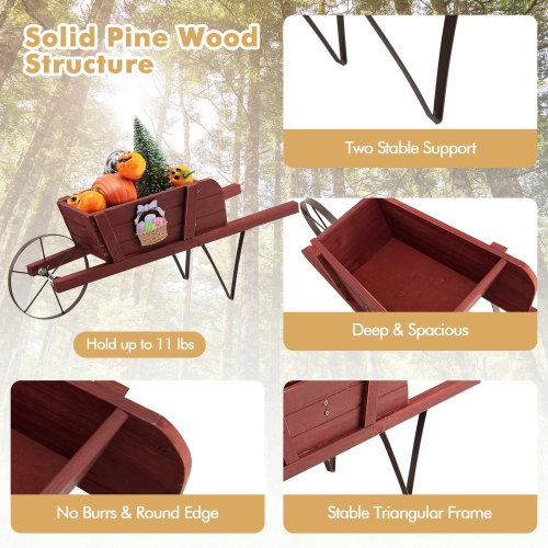 Topbuy Flower Pot Wheelbarrow Planter Solid Pine Wood Wagon Planter w/ Triangular Metal Support 2 Energy-saving Handles Movable Whee Walnut/Red