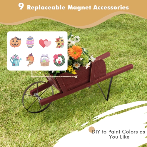 Topbuy Flower Pot Wheelbarrow Planter Solid Pine Wood Wagon Planter w/ Triangular Metal Support 2 Energy-saving Handles Movable Whee Walnut/Red