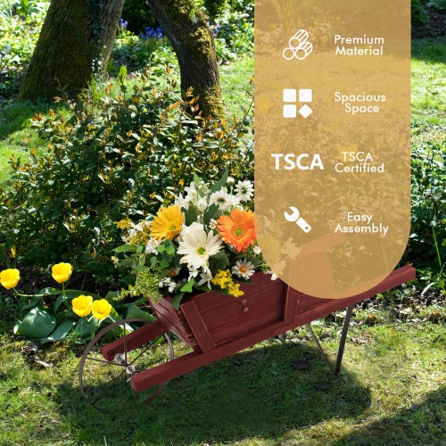 Topbuy Flower Pot Wheelbarrow Planter Solid Pine Wood Wagon Planter w/ Triangular Metal Support 2 Energy-saving Handles Movable Whee Walnut/Red