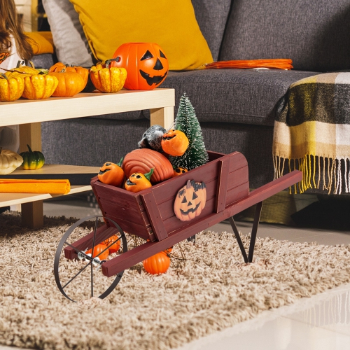 Topbuy Flower Pot Wheelbarrow Planter Solid Pine Wood Wagon Planter w/ Triangular Metal Support 2 Energy-saving Handles Movable Whee Walnut/Red