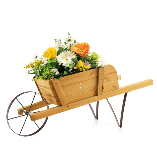 Topbuy Flower Pot Wheelbarrow Planter Solid Pine Wood Wagon Planter w/ Triangular Metal Support 2 Energy-saving Handles Movable Whee Walnut/Red