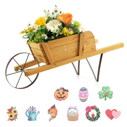 Topbuy Flower Pot Wheelbarrow Planter Solid Pine Wood Wagon Planter w/ Triangular Metal Support 2 Energy-saving Handles Movable Whee Walnut/Red