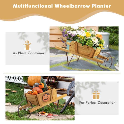 Topbuy Flower Pot Wheelbarrow Planter Solid Pine Wood Wagon Planter w/ Triangular Metal Support 2 Energy-saving Handles Movable Whee Walnut/Red