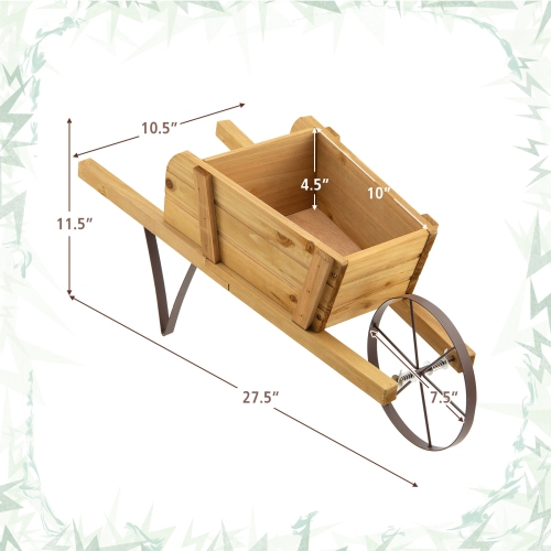 Topbuy Flower Pot Wheelbarrow Planter Solid Pine Wood Wagon Planter w/ Triangular Metal Support 2 Energy-saving Handles Movable Whee Walnut/Red
