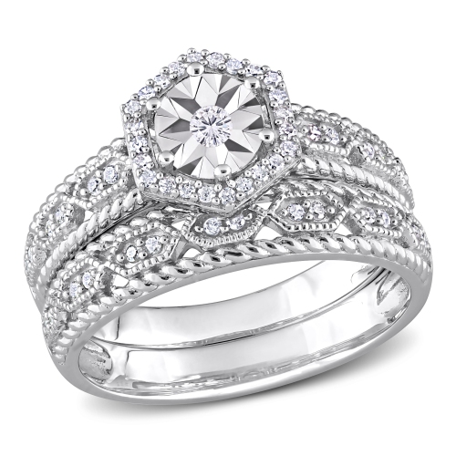AMOUR  1/4 Ct Tw Diamond Halo Bridal Ring Set - Size 7 In Silver
