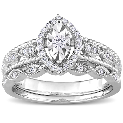 Amour 1/5 CT TW Diamond Halo Bridal Ring Set Silver - Size 6