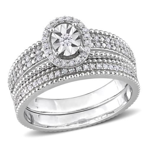 AMOUR  1/3 Ct Tw Diamond Halo Bridal Set - Size 7 In Silver