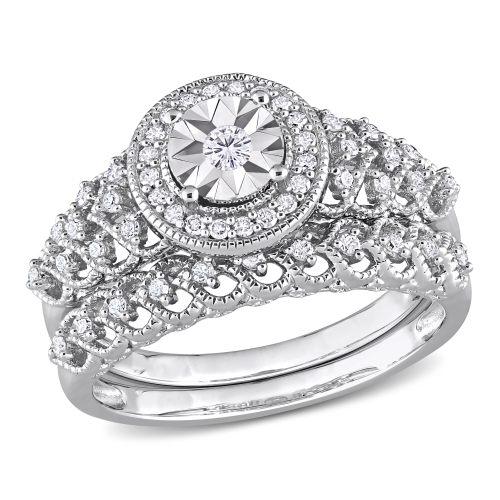 AMOUR  1/3 Ct Tw Diamond Halo Bridal Ring Set - Size 7 In Silver